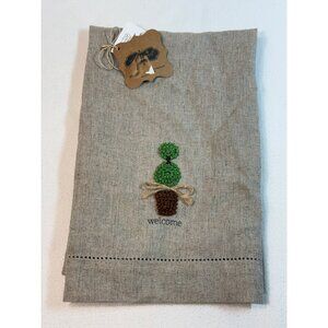 Mud Pie hand finger kitchen towel Welcome topiary plant French Knot linen NWT